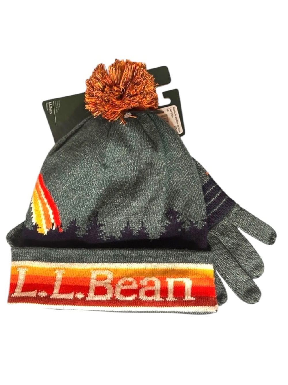 L.L. Bean Katahdin Multicolor Knit Gloves Pom Pom Hat